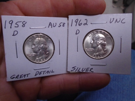 1958 D Mint & 1962 D Mint Silver Washington Quarters