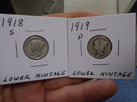1918 S Mint & 1919 D Mint Silver Mercury Dimes