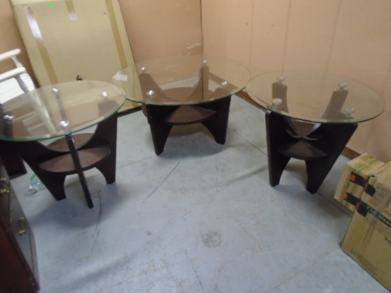 3pc Round Wooden Glass Top Cocktail Table & end Table Set