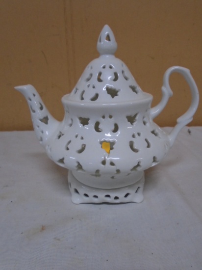2pc Porcelain Tea Pot Canlde Holder w/ Flameless Candle