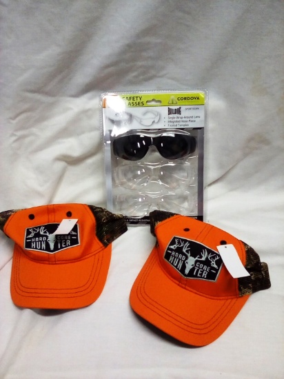 3 Pack Safety Glasses with Two hunter orange Ball Hats