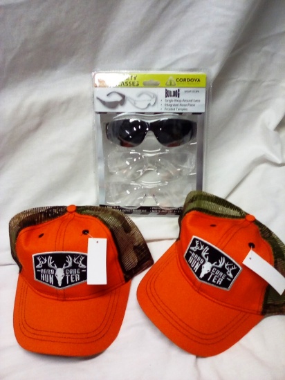 3 Pack Safety Glasses with Two hunter orange Ball Hats