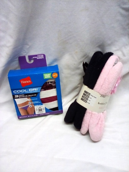 Qty. 3 Size Medium Hanes String Bikinis and 2 pair house slippers