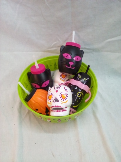 Halloween Candy Bowl Full of Straw Cups and Misc. Decor