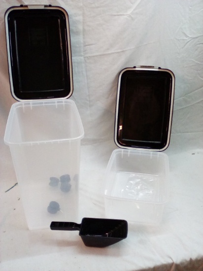 Qty: 2 Clear and Black Storage Totes W/ Wheels and Scoop