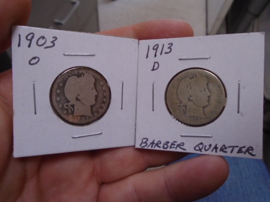 1903 O-Mint and 1913 D-Mint Silver Barber Quarters