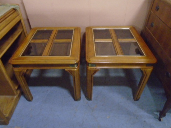 (2) Matching Solid Wood End Tables w/Smoked Glass Inserts