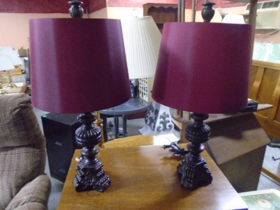 (2) Matching Like New Table Lamps w/Burgundy Shades