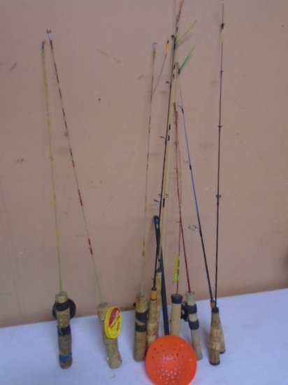 Large Group of Ice Fishing Poles & Dipper