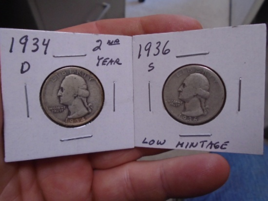1934 D-Mint and 1936 S-Mint Silver Washington Quarters