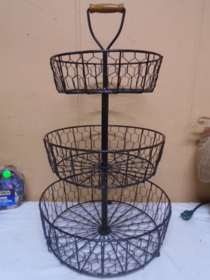 3 Tier Round Metal Chicken Wire Farm House Basket w/ Wood Handle