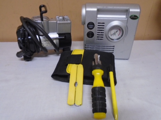 (2)12 Volt Air Compressors & Travel Tool Kit