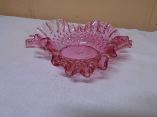 Vintage Cranberry Glass Fluted Hobnail Bowl