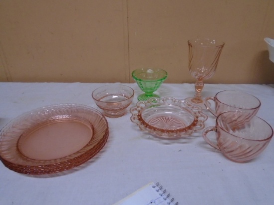 10pc Group of Pink & Green Depression Glass