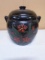 Antique Black Crock Cookie Jar w/ Red Flowers