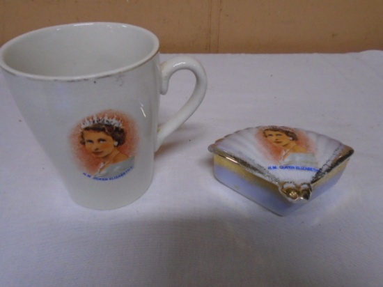 Vintage East German HM Queen Elizabeth II Trinket Box & Vintage England HM Queen Elizabeth II Cup