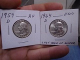 1954 D-Mint and 1964 D-Mint Silver Washington Quarters