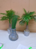 2 Artificial Galvinaized Potted Palm Trees & Decorative Grass in Vase
