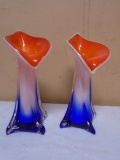 2pc Set of Art Glass Tulip Vases