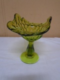 Vintage Open Top Green Art Glass Pedistal Thumb Print Bowl