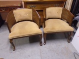 2 Matching Cane Side Upholstered Barrel Back Chairs