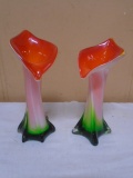 2 Matching Art Glass Tulip Vases