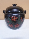 Antique Black Crock Cookie Jar w/ Red Flowers