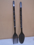 Large Wooden Carved Spoon & Fork