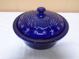 Longaberger Pottery Cobalt Blue American Eagle Stars Covered Casserole Dish