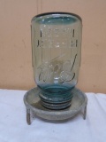 Vintage Galvinaized Chicken Waterer w/ Blue Glass Ball Jar