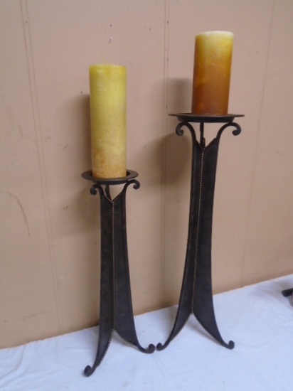 2 Large Metal Art Pillar Candle Holders w/ New Candles