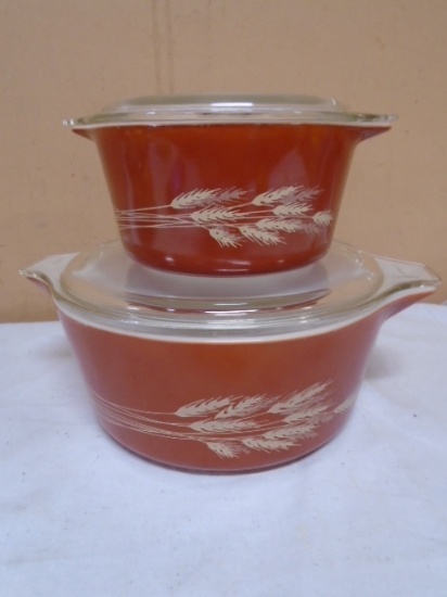 Vintage 2pc Set of Pyrex Autumn Harvest Wheat Casserole Dishes w/ Lids