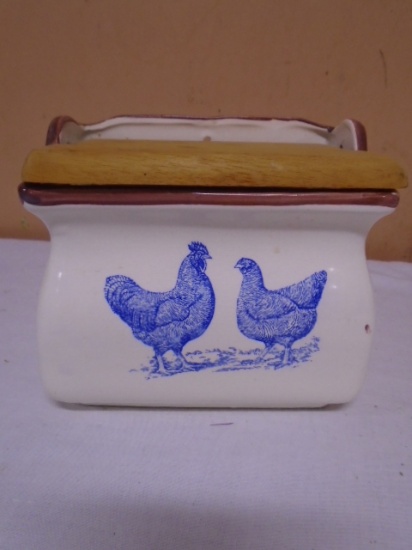 Porcelain Wood Lid Salt Box w/ Chickens