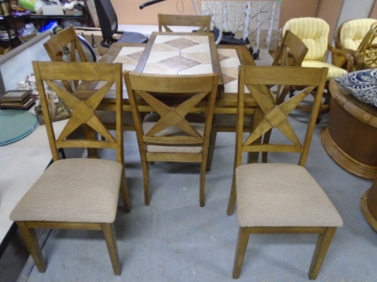 Beautiful Solid Wood Tile Top Dining Table w/Center Leaf and 6 Matching Chairs