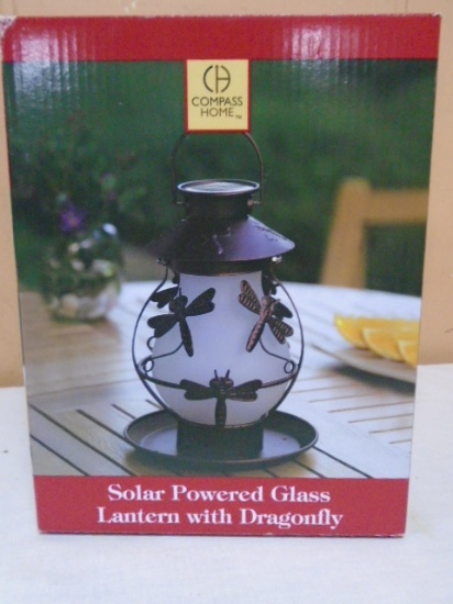 Solar Powered Glass & Metal Lantern w/ Dragonflies