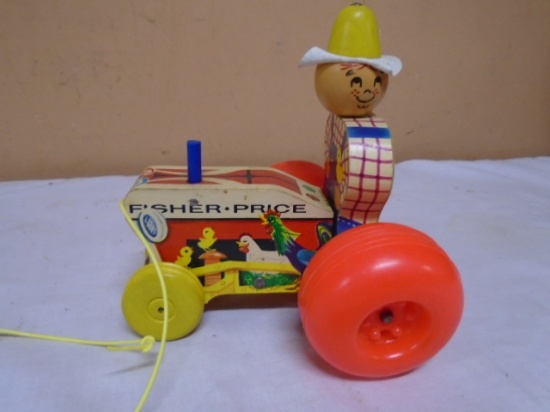 Vintage Fisher-Price No. 629 Wooden Farmer on Tractor Pull Toy