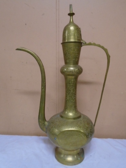 Vintage Large Engraved Aladdin Style Brass Tea Pot Pitcher