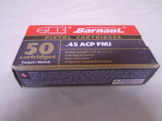 50 Round Box of Barnaul .45 ACP Pistol Cartridges
