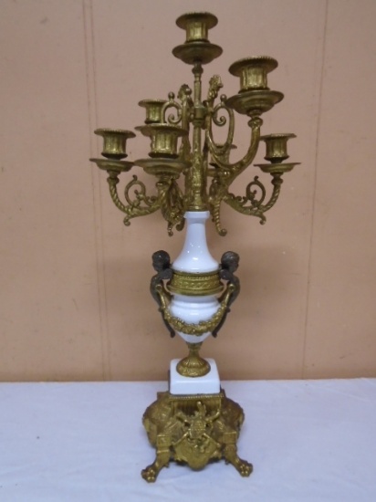 Vintage Solid Brass & Porcelain Candelabra w/ Double Cherubs