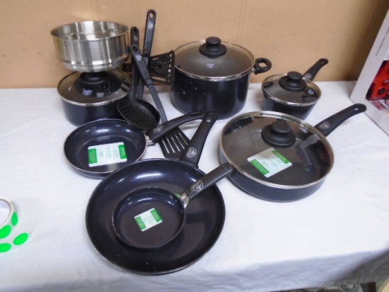 Set of Green Life Black Aluminum Black Diamond Cookware