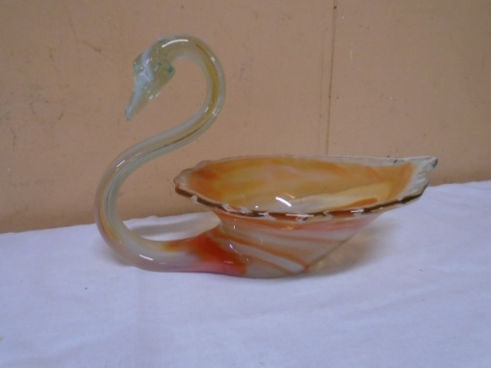 Beautiful Vintage Hand Blown Art Glass Swan Candy Bowl