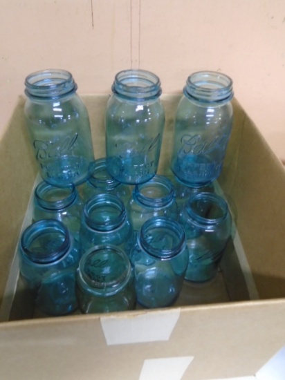 Group of (12) Vintage Blue Glass Ball Quart Canning Jars