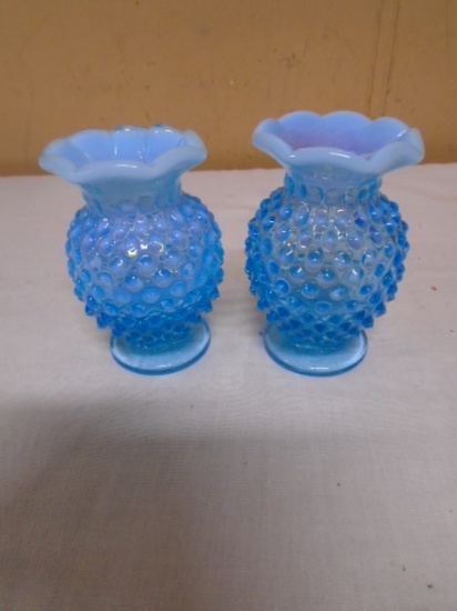 Matching Pair of Small Fenton Blue Hobnail Opalescent Vases