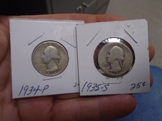 1934 P Mint & 1935 S Mint Silver Washington Quarters