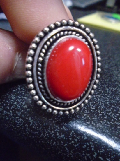 Ladies German Silver & Red Coral Ring