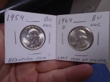 1954 & 1964 D Mint Silver Washington Quarters