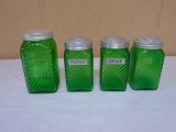 4 Vintage Green Glass Spice Jars
