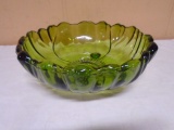 Large Green 3 Footed Art Glass Bowl