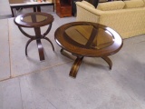 Beautiful Solid Wood Beveled Glass Top Round Coffee Table & Matching End Table