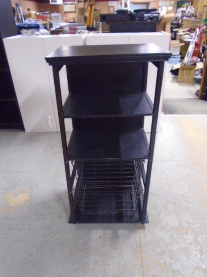 Small Black Wooden Stand w/ Shelves & 2 Baskets